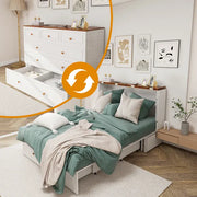 Queen-Size-Murphy-Bettgestell mit Schubladen, Murphy-Bett mit Lade-Station, 2 USB-Anschlüssen, mobiles Murphy-Bett als Schlafanordnung für vielseitige Bereiche im Schlafzimmer, Wohnzimmer, Gästezimmer, Weiß & Holz