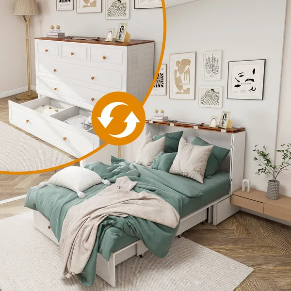 Queen-Size-Murphy-Bettgestell mit Schubladen, Murphy-Bett mit Lade-Station, 2 USB-Anschlüssen, mobiles Murphy-Bett als Schlafanordnung für vielseitige Bereiche im Schlafzimmer, Wohnzimmer, Gästezimmer, Weiß & Holz
