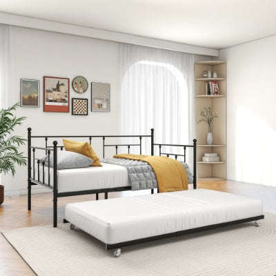 Einzelbett-Tagbett Metallrahmen mit Stauraumbett-Set, Einzel-Tagbett-Sofa, Tagbett und ausziehbarer Schlafsofa für Gästezimmer, Schlafzimmer, Wohnzimmer, viktorianischer Stil, Schwarz