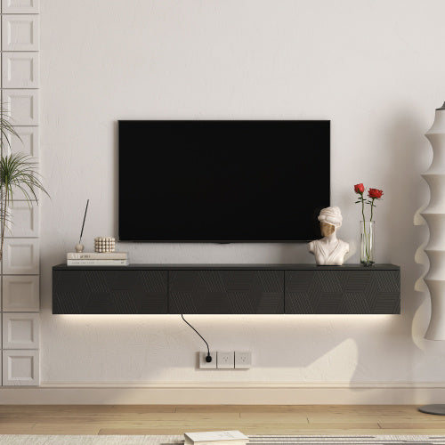 Floating TV Stand Wall Mounted With 16 Color LEDs,Modern TV Stand, Floating TV Cabinet Entertainment Center For 55 60 65 Inch TV,Black