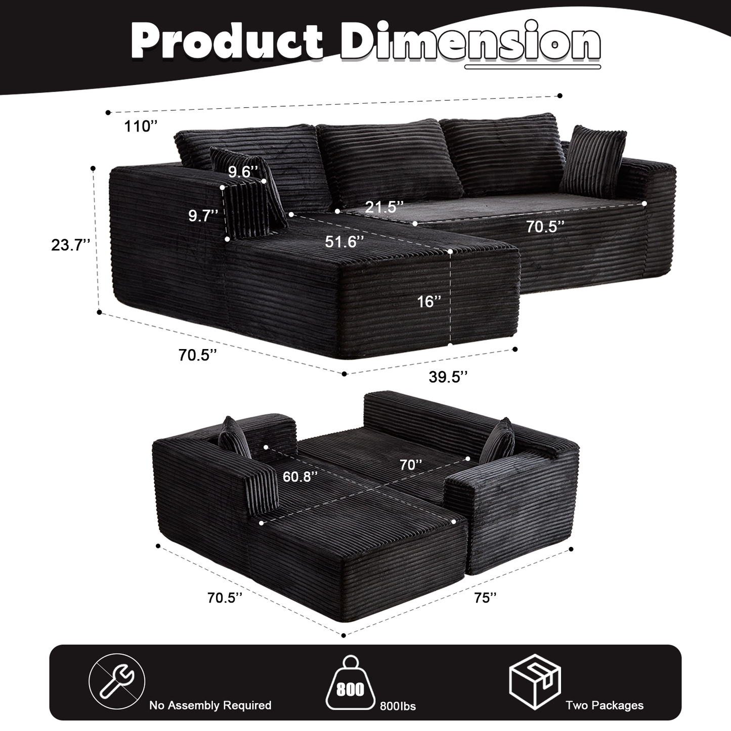 Kompressions-Sektionale Couch mit bequemer Chaise, knochenlose L-förmige Sofa mit tiefer Sitzfläche, minimalistisches modulares Couch-Sofabett für Wohnzimmer, Schlafzimmer, Apartment und Lounge, Corduroy, Schwarz