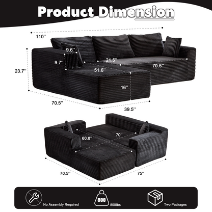 Kompressions-Sektionale Couch mit bequemer Chaise, knochenlose L-förmige Sofa mit tiefer Sitzfläche, minimalistisches modulares Couch-Sofabett für Wohnzimmer, Schlafzimmer, Apartment und Lounge, Corduroy, Schwarz