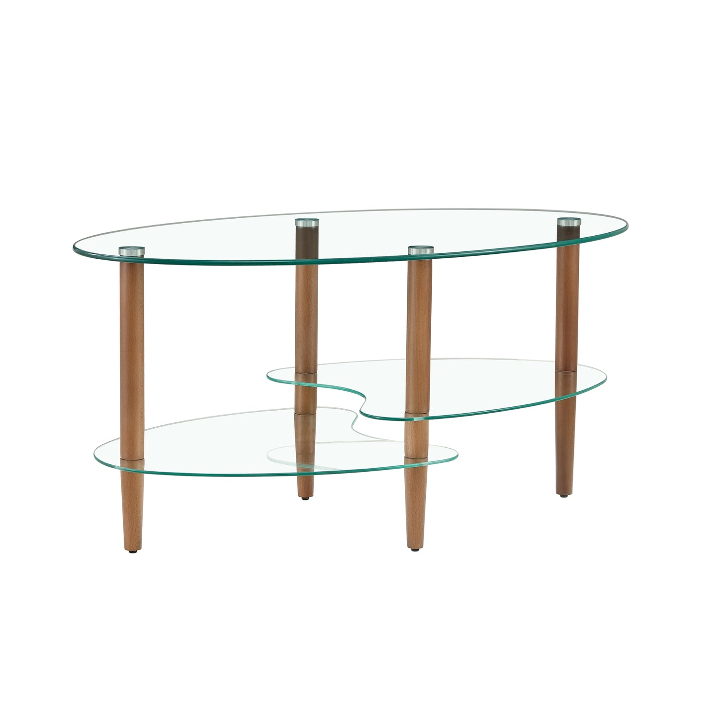 Transparenter ovaler Glas-Couchtisch, 3-stufiges Eichenbein Modernes Wohnzimmertisch