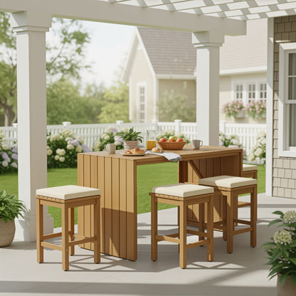 5-teiliges Outdoor-Bar-Set, Patio-Akazienholz-Barhöhen-Tisch & vier Hocker mit Polstern, Holz-Ess-Bar-Set für Garten, Poolbereich, Balkon, Beige