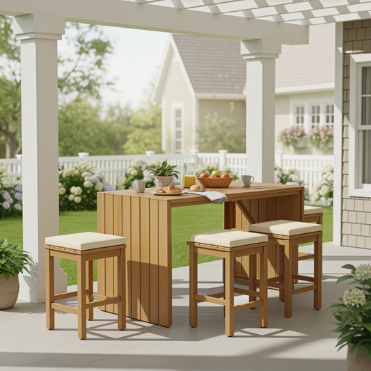 5-teiliges Outdoor-Bar-Set, Patio-Akazienholz-Barhöhen-Tisch & vier Hocker mit Polstern, Holz-Ess-Bar-Set für Garten, Poolbereich, Balkon, Beige