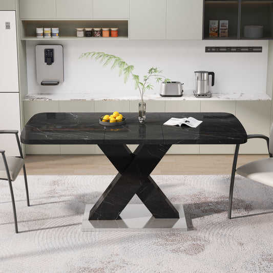 Moderne rechteckige Esstisch ausziehbar, bedruckte schwarze Marmorplatte aus MDF mit X-förmigem Tischbein und Metallbasis