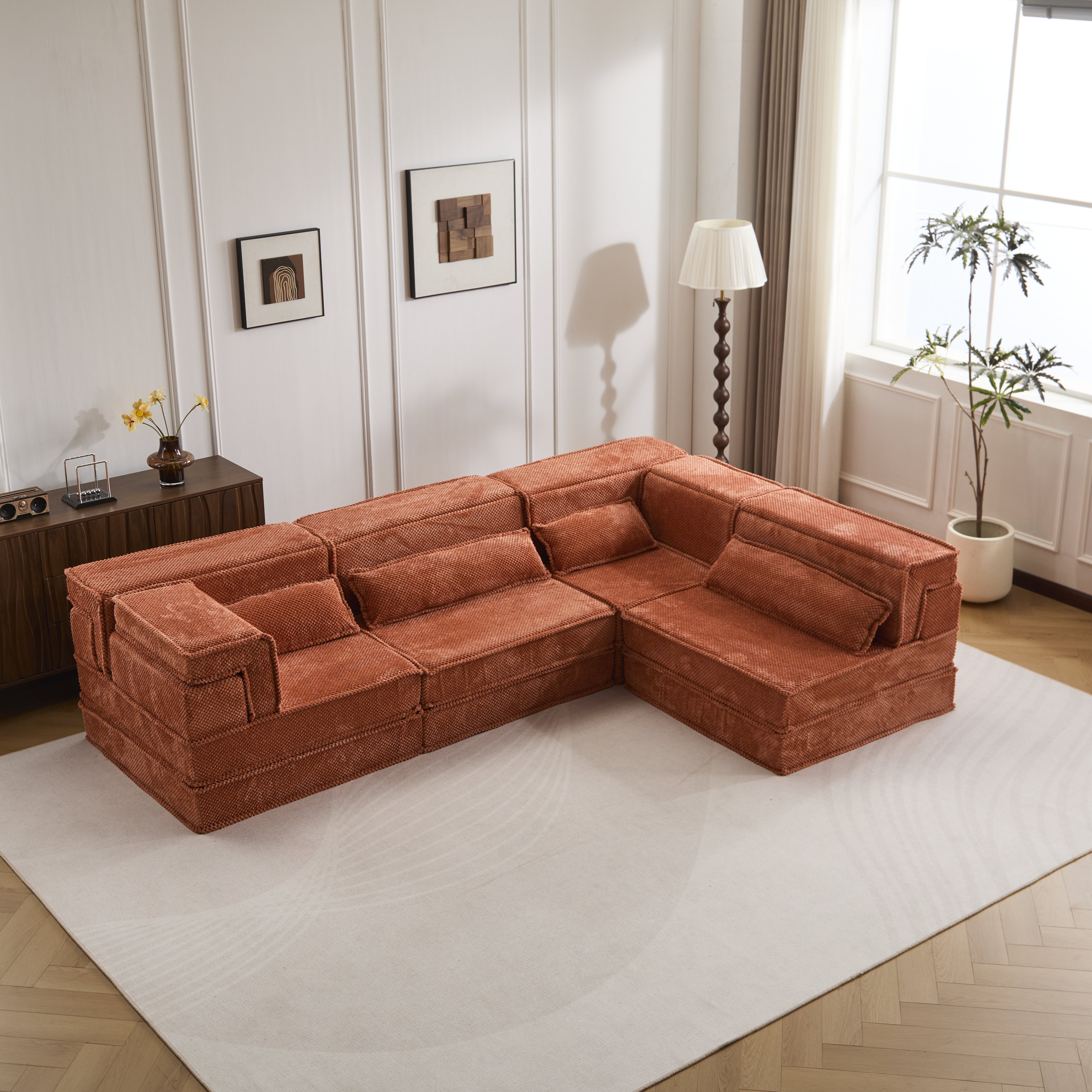 Kompressions-Mahjong-Sofa, Umwandelbares Boden-Sofa-Bett, DIY Knochenloses Modulares Sektional-Sofa, Keine Montage Erforderlich, Kreisförmiger Fleece-Stoff, Überdimensioniertes 4-Sitzer-Modell mit 4 Kissen, Orange