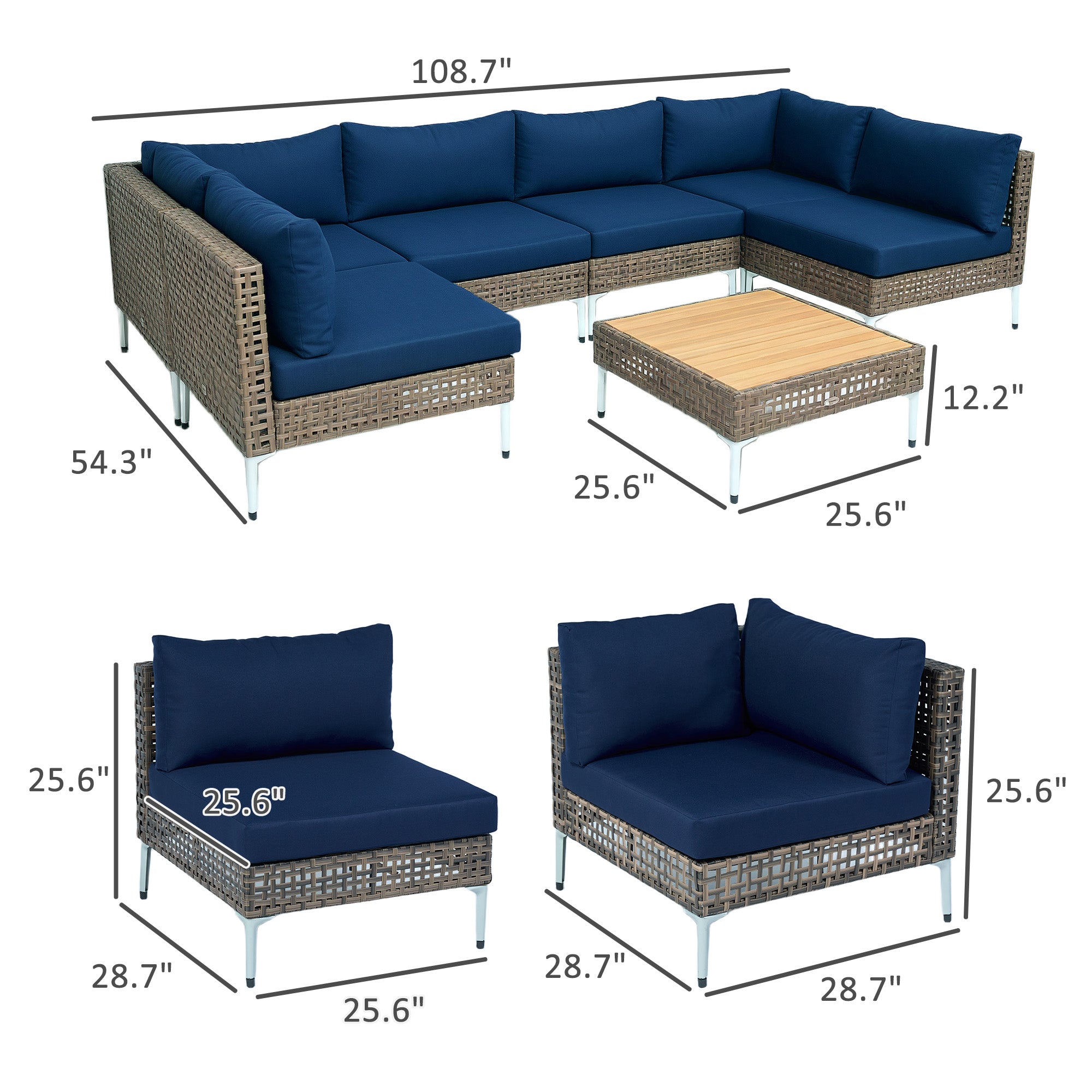 7-teiliges Korbmöbel-Set für die Terrasse, modulares Außensofa mit verdickten Polstern, Akazienholz-Tisch, Braun-Blau