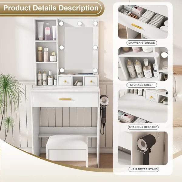 Toilettentisch mit Spiegel und einstellbaren LED-Lichtern, Stromsteckdose, Föhn-Halter und Hocker – Kompakter Schminktisch für kleine Schlafzimmer (Weiß)