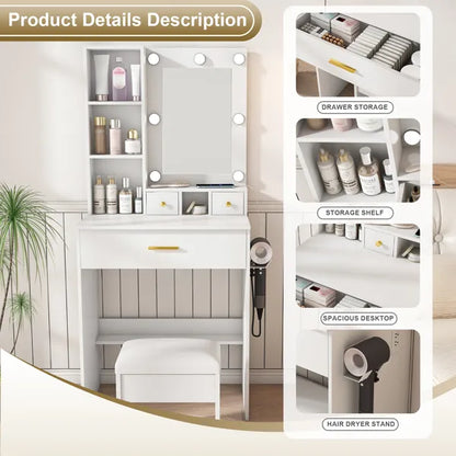 Toilettentisch mit Spiegel und einstellbaren LED-Lichtern, Stromsteckdose, Föhn-Halter und Hocker – Kompakter Schminktisch für kleine Schlafzimmer (Weiß)