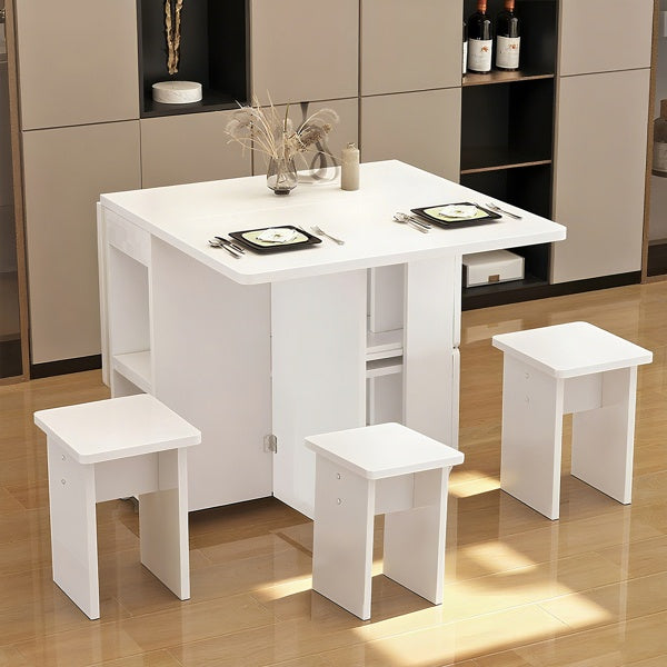 Klappbarer Esstisch mit herunterklappbaren Seitenteilen für 4 Personen mit 4 Stühlen, platzsparender klappbarer Esstisch mit Stauraum und 6 Rollen, 120 cm T x 60 cm B x 77 cm H, Weiß
