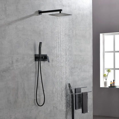 Messingdusche in mattschwarzer Ausführung mit Duschsystem, 10-Zoll-Duschkopf und Handbrause – Badezimmer-Deluxe-Duscharmatur-Kombination