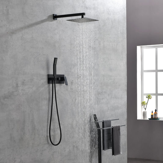 Messingdusche in mattschwarzer Ausführung mit Duschsystem, 10-Zoll-Duschkopf und Handbrause – Badezimmer-Deluxe-Duscharmatur-Kombination