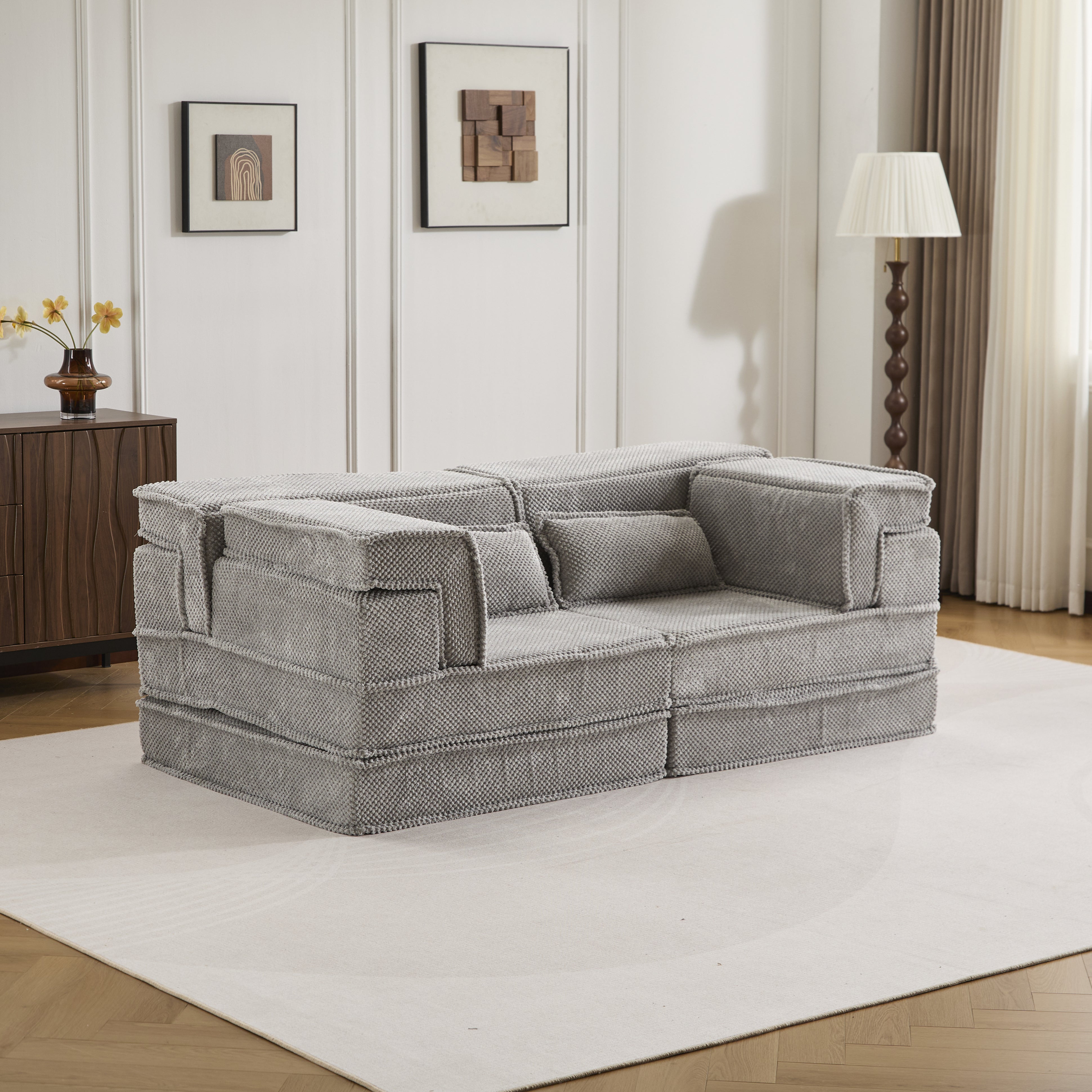 Kompressions-Mahjong-Sofa, umklappbares Boden-Sofabett, DIY knochenloses modulares Sektionssofa, keine Montage erforderlich, kreisförmiger Fleece-Stoff, modernes überdimensioniertes Zweiersofa, Hellgrau