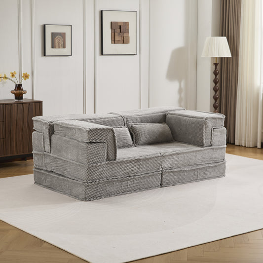 Kompressions-Mahjong-Sofa, umklappbares Boden-Sofabett, DIY knochenloses modulares Sektionssofa, keine Montage erforderlich, kreisförmiger Fleece-Stoff, modernes überdimensioniertes Zweiersofa, Hellgrau