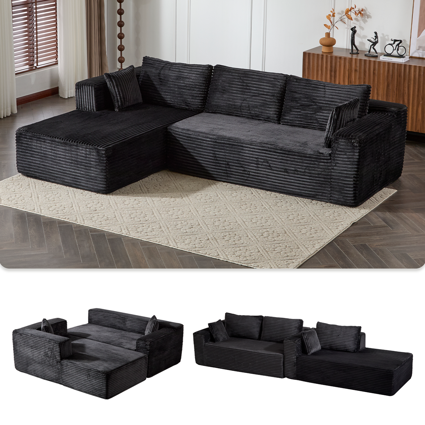 Kompressions-Sektionale Couch mit bequemer Chaise, knochenlose L-förmige Sofa mit tiefer Sitzfläche, minimalistisches modulares Couch-Sofabett für Wohnzimmer, Schlafzimmer, Apartment und Lounge, Corduroy, Schwarz