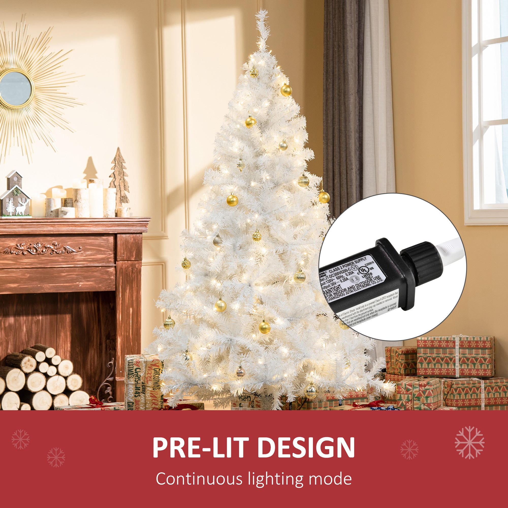 HOMCOM 1,8 m hoher vorbeleuchteter Weihnachtsbaum Douglasie künstlicher Weihnachtsbaum mit realistischen Ästen, 250 warmweißen LED-Lichtern und 1000 Spitzen, weiß