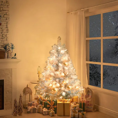4FT Sliver Pre-Lit Artificial Christmas Tree, Hinged Full Tree With Metal Stand, 400 Branch Tips, 150 LED Lights,11 Lighting Modes, Holiday Decoration Tree For Indoor And Outdoor