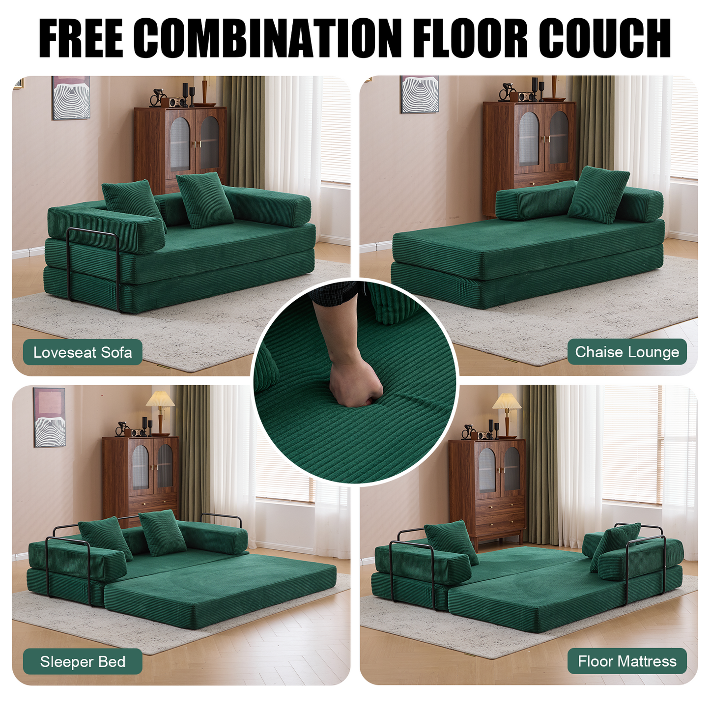 Boden-Couch, Kompressions-Sofa, Umwandelbares Boden-Sofa-Bett – mit Kissen-Rückenstütze und Armlehne, Bequeme Futon-Couch-Liege-Schlafsofa, Corduroy-Stoff, für Wohnzimmer und Schlafzimmer, Dunkelgrün