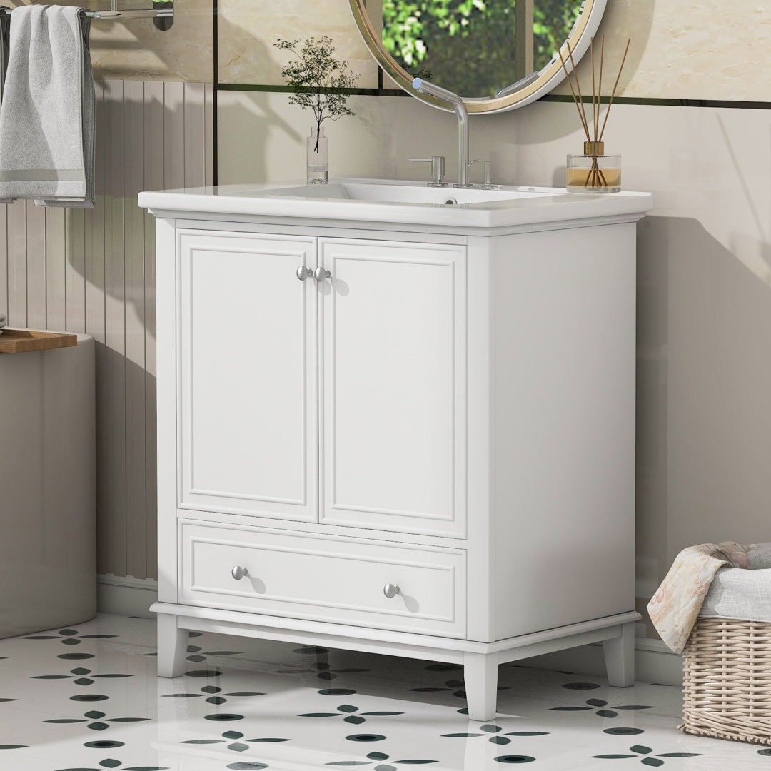 30-Zoll-Badwaschtisch mit Waschbecken-Kombination, Multifunktionaler Badezimmerschrank mit Türen und Schublade, Solider Rahmen und MDF-Platte, Weiß