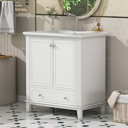 30-Zoll-Badwaschtisch mit Waschbecken-Kombination, Multifunktionaler Badezimmerschrank mit Türen und Schublade, Solider Rahmen und MDF-Platte, Weiß