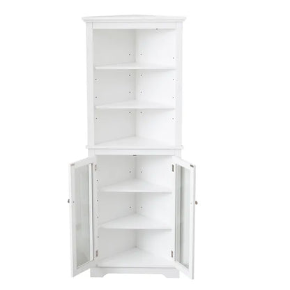 FRALIMK Mattweiß Hoher Eckschrank für die Ecke, Bodenspeicher Schmale Organisatoren mit Doppeltür aus Glas und einstellbaren Regalen