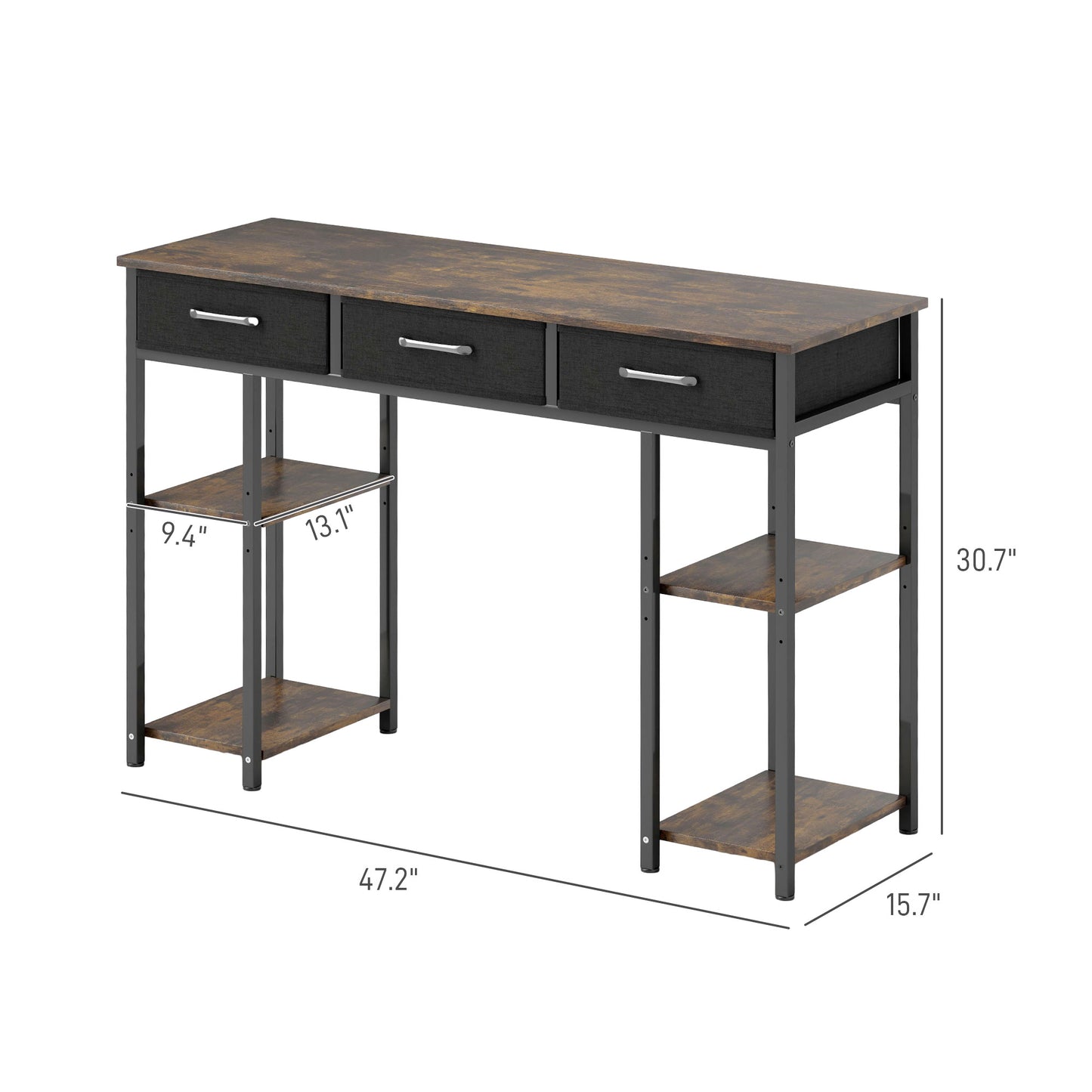 47 Zoll Kleiner Computertisch, Schreibtisch mit Stoffschubladen, Schreibtisch für das Home Office mit einstellbaren Regalen, rustikal braun