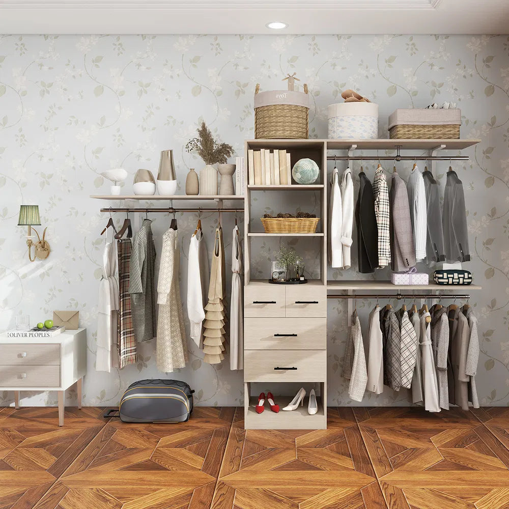 Kleiderschranksystem, Kleiderschrank-Organizer mit Kleiderstangen zum Aufhängen von Kleidung, Kleiderschranksystem mit Schubladen, Organizer und Stauraum für Ankleidekammer mit Regalen, Ankleidekammersystem