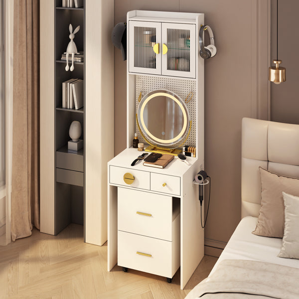 3 Draws 2 Doors 1LED3 Color Tone Light Touch Large Round Mirror Dressing Table Set
