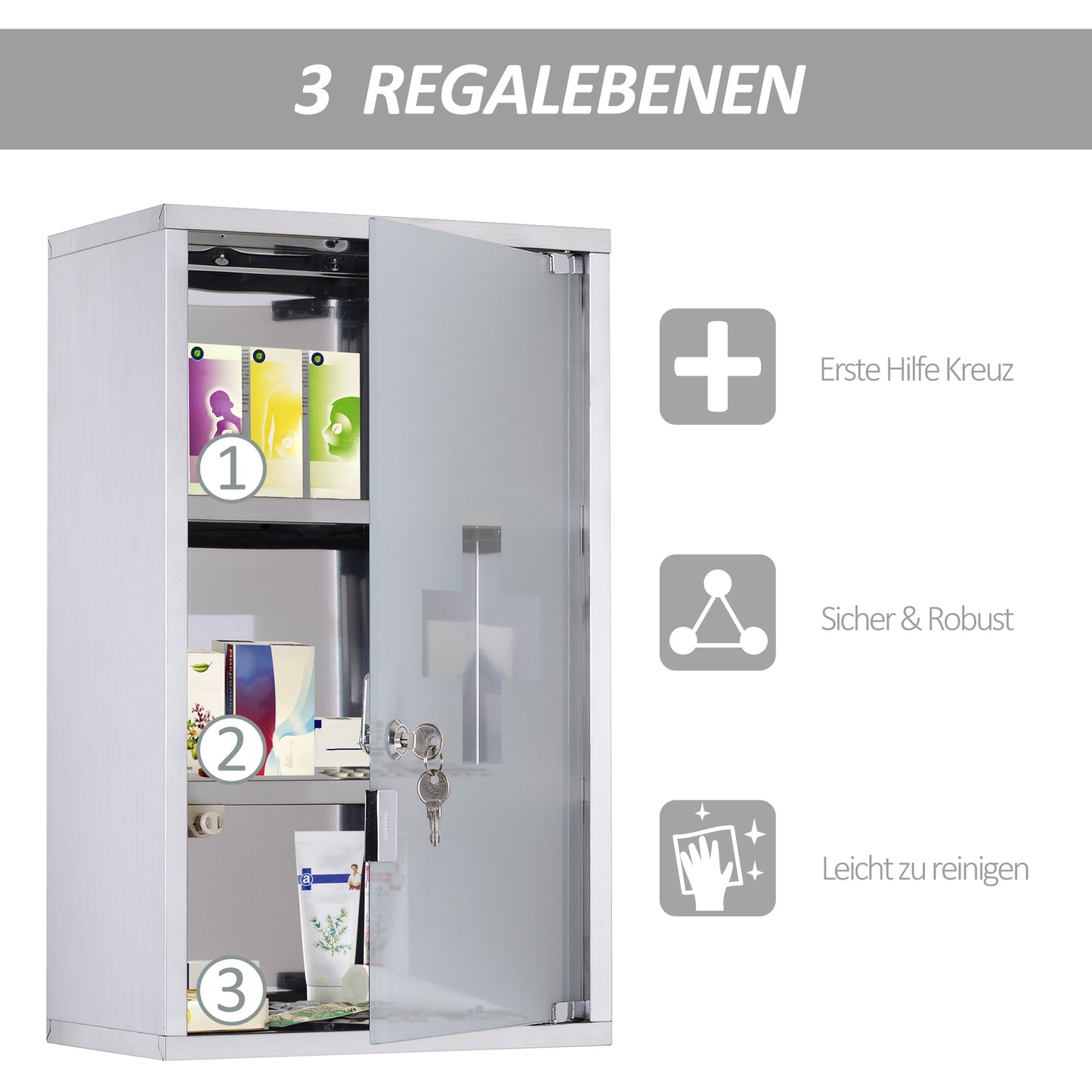 Arzneischrankschloss 12x20, Edelstahl, 3-stufig mit Regalen für Badezimmeraufbewahrung