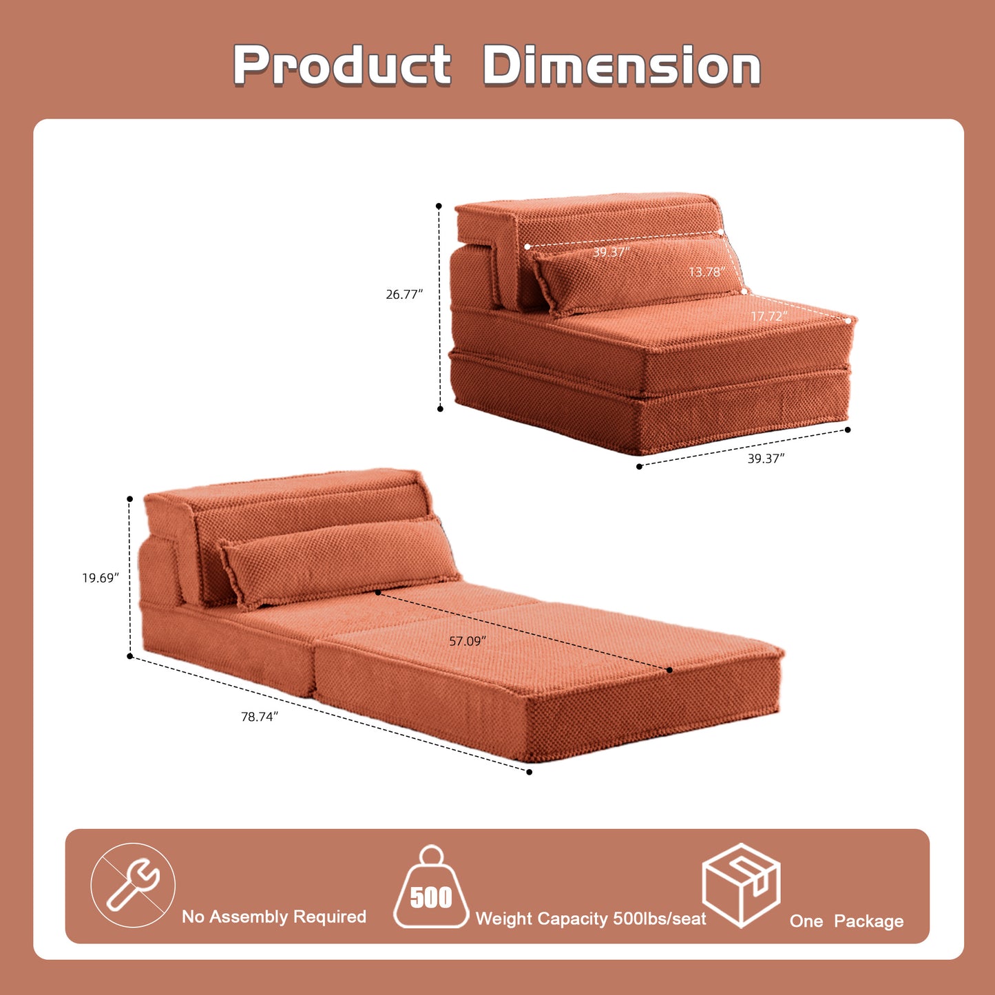 Kompressions-Mahjong-Sofa, Umwandelbares Boden-Sofabett, DIY Knochenloses Modulares Sektionalsofa, Keine Montage Erforderlich, Kreisförmiger Fleece-Stoff, Überdimensioniertes Einzelsofa mit 1 Kissen, Orange