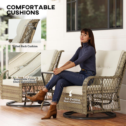 3-teiliges Outdoor-Bistro-Set, Korbmöbel-Kleines Terrassenmöbel-Set mit drehbaren Schaukelstühlen für Balkon, Veranda, Beige