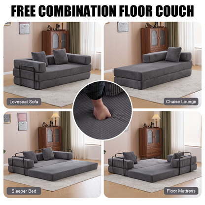 Boden-Couch, Kompressions-Sofa, Umwandelbares Boden-Sofa-Bett – mit Kissen-Rückenlehne und Armlehne, Bequeme Futon-Couch-Liege-Schlafsofa, Kordstoff, für Wohnzimmer und Schlafzimmer, Dunkelgrau