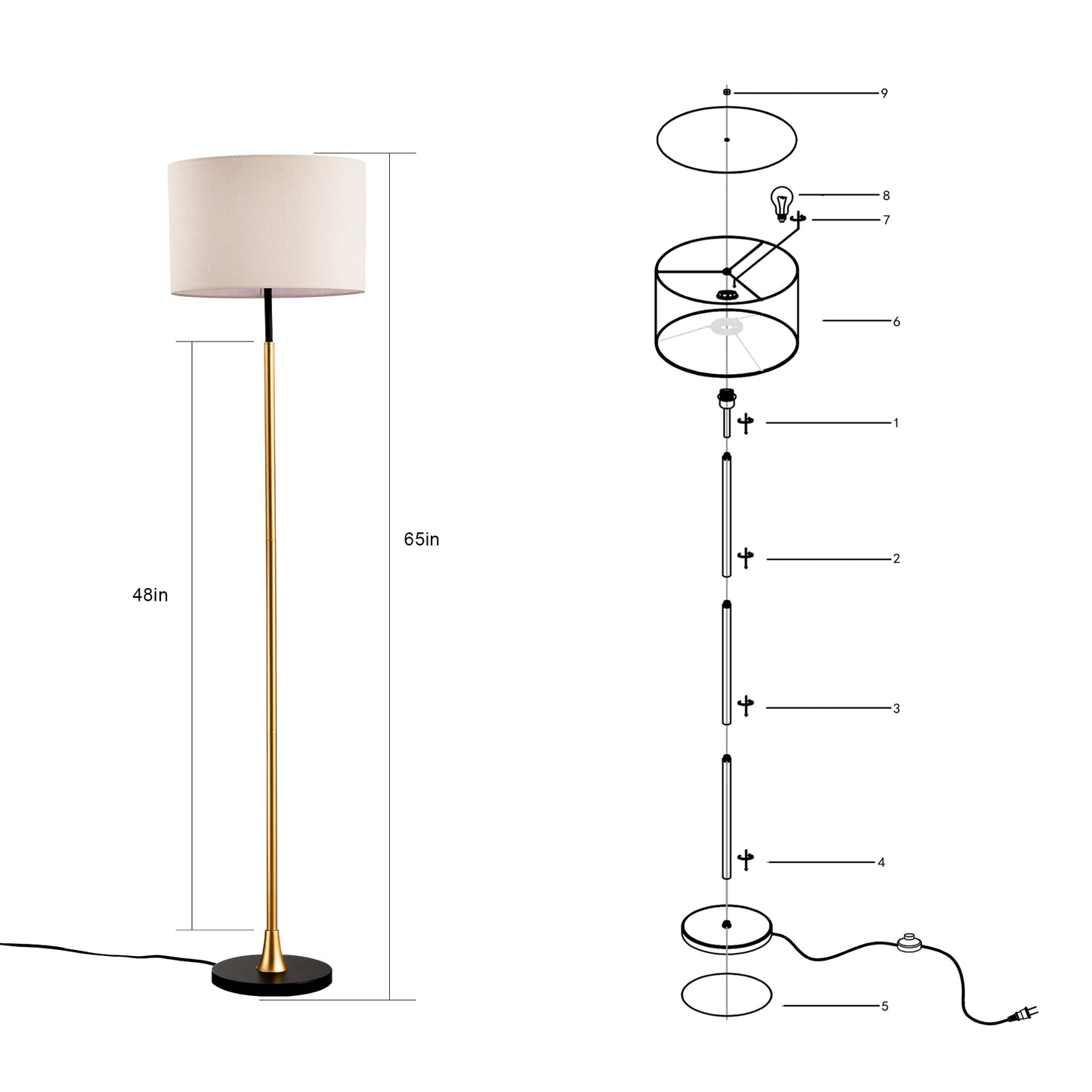 Stehlampe für das Wohnzimmer mit beigefarbenem Lampenschirm, hohe industrielle Stehlampe zum Lesen für das Schlafzimmer, Büro – Glühbirne nicht enthalten – Mattschwarz Mattgold