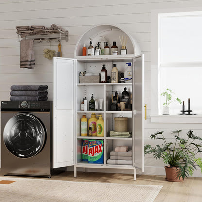 Weißer Küchen-Vorratsschrank, Gebogener Stauraumschrank mit Türen und einstellbaren Regalen, Hoher freistehender Schrank für Wäscheraum, Esszimmer, Wohnzimmer, Badezimmer