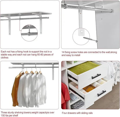 Kleiderschranksystem, Kleiderschrank-Organizer mit Kleiderstangen zum Aufhängen von Kleidung, Kleiderschranksystem mit Schubladen, Organizer und Stauraum für Ankleidekammer mit Regalen, Ankleidekammersystem