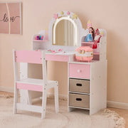 Weiße und rosa Stern- und Burgelemente; MDF und Spanplatte; Sprühfarbe, Siebdruck und Melaminfurnier; 1 Schublade, 2 Stoffschubladen, 2-stufiges Regal; Kinder-Ankleidetisch-Set