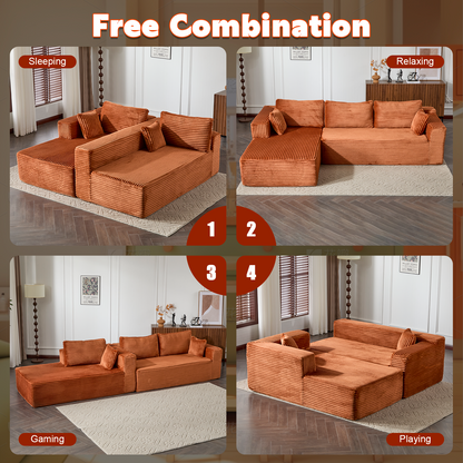 Kompressions-Sektionale Couch mit bequemer Chaise, knochenlose L-förmige Sofa mit tiefer Sitzfläche, minimalistisches modulares Couch-Sofabett für Wohnzimmer, Schlafzimmer, Apartment und Lounge, Corduroy, Braun