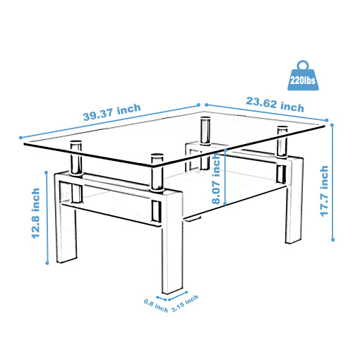 Rechteckiger Schwarzer Glas-Couchtisch, Klarer Couchtisch, Moderne Beistell- und Mittel-Tische für das Wohnzimmer, Möbel für das Wohnzimmer