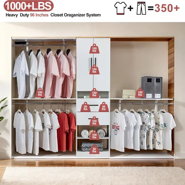 Kleiderschranksystem, Kleiderschrank-Organizer mit Kleiderstangen zum Aufhängen von Kleidung, Kleiderschranksystem mit Schubladen, Organizer und Stauraum für Ankleidekammer mit Regalen, Ankleidekammersystem