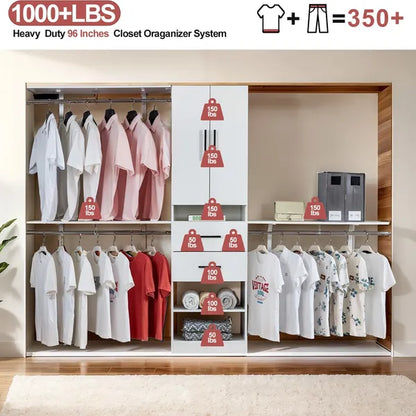 Kleiderschranksystem, Kleiderschrank-Organizer mit Kleiderstangen zum Aufhängen von Kleidung, Kleiderschranksystem mit Schubladen, Organizer und Stauraum für Ankleidekammer mit Regalen, Ankleidekammersystem