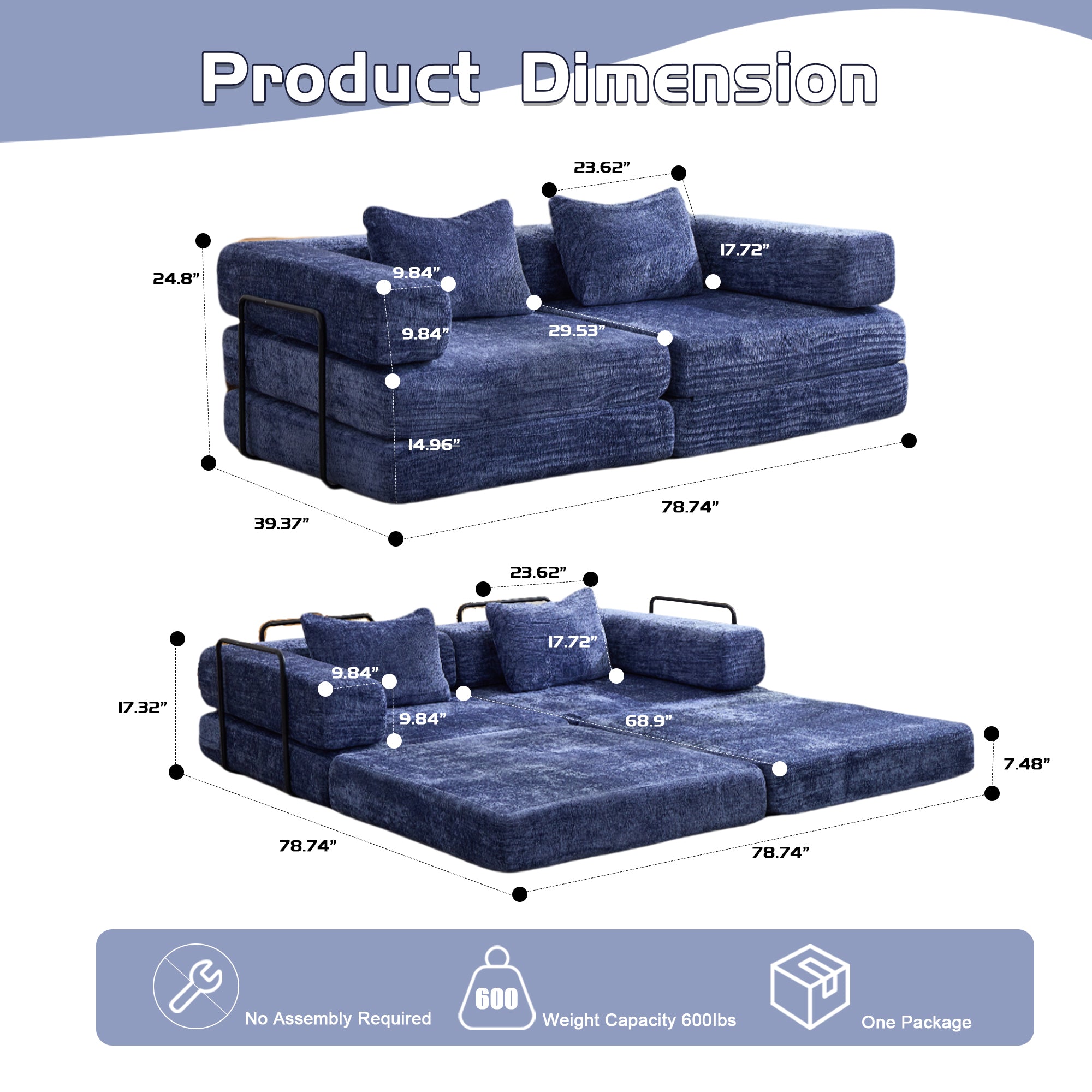 Kompressions-Sofa, umklappbares Boden-Sofa-Bett mit feststehendem Rahmen, Sessel knochenloses modulares Sektionssofa, keine Montage erforderlich, Chenille-Stoff, für Wohnzimmer und Schlafzimmer, Dunkelblau