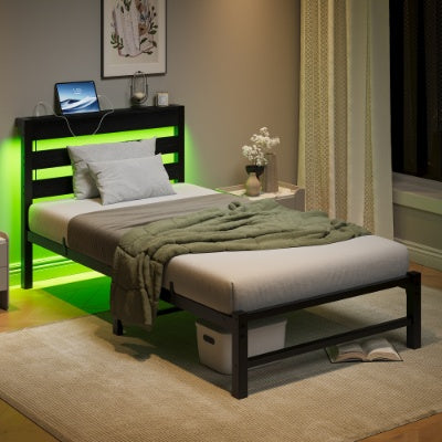 Einzelbett-LED-Plattform-Bettgestell mit USB-Ladestation