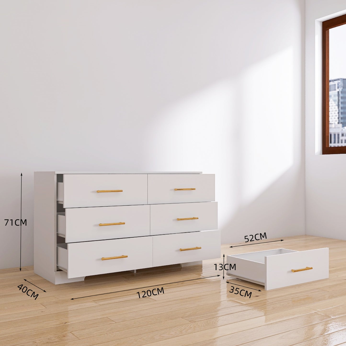 Weiße große Kommode mit 6 Schubladen und goldenem Griff