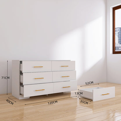 Weiße große Kommode mit 6 Schubladen und goldenem Griff