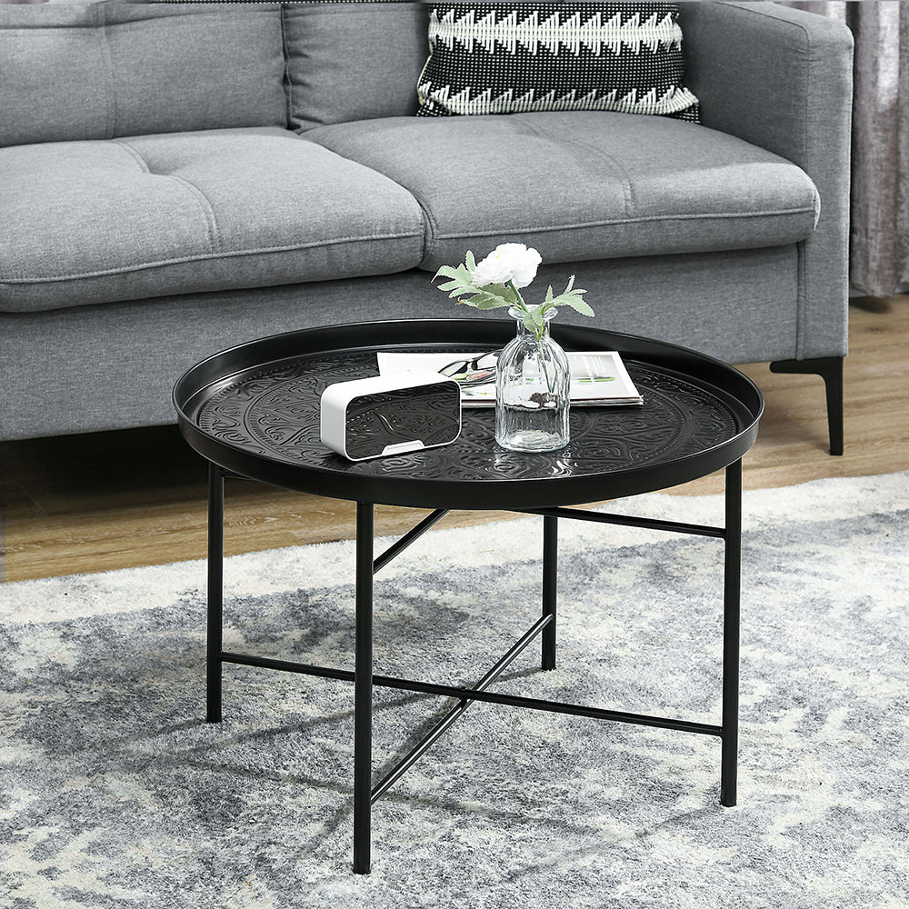 Couchtisch für das Wohnzimmer, 24-Zoll runder Mittelstisch mit gehämmertem Tablett-Oberteil und Metallrahmen für das Schlafzimmer, schwarz