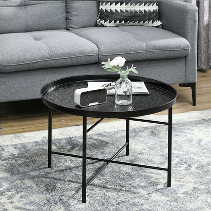 Couchtisch für das Wohnzimmer, 24-Zoll runder Mittelstisch mit gehämmertem Tablett-Oberteil und Metallrahmen für das Schlafzimmer, schwarz