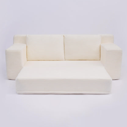 Zweisitzer-Sofa, Bequemes Sofa-Bett mit tiefer Sitzfläche, Modernes kleines Cord-Sofa für Wohnzimmer und Schlafzimmer, Umkehrbare Sitzkissen mit Kissen, Keine Montage erforderlich, Weiß