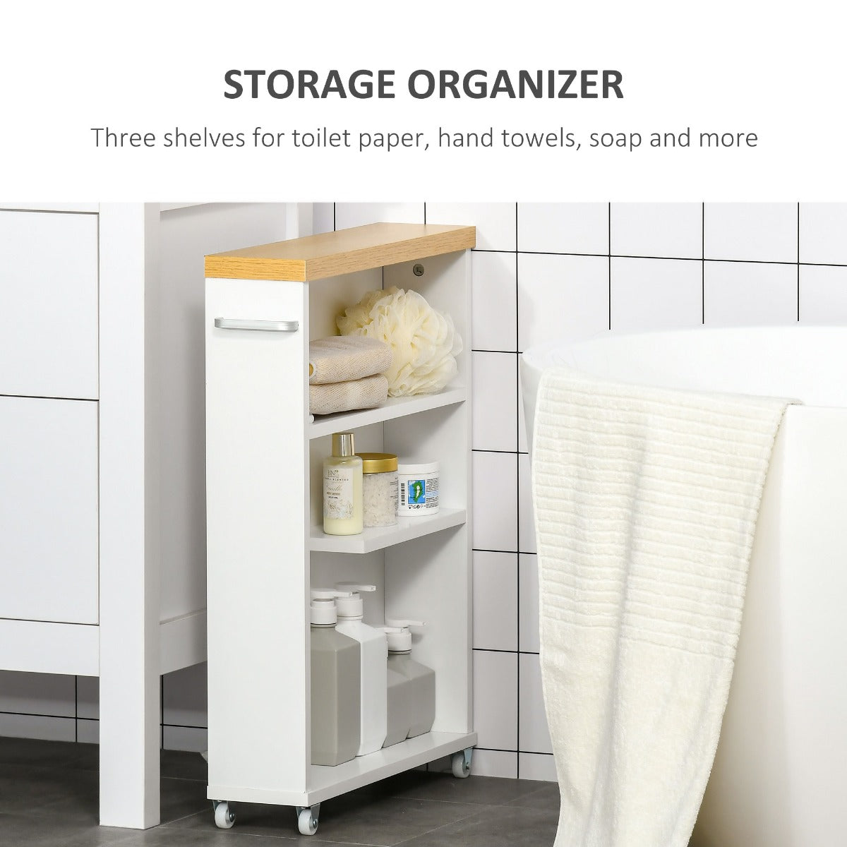 Schmaler Badezimmerschrank mit Rollen Stauraumorganizer und Regalen für kleine Räume