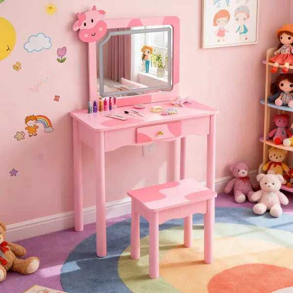 Rosa MDF + Massivholzbeine, Sprühfarbe + Siebdruck, Kuhmuster, Kindertrinktisch-Set mit 1 Schublade, LED-Dreifarbiges Rückbeleuchtetes Touch-Schalter